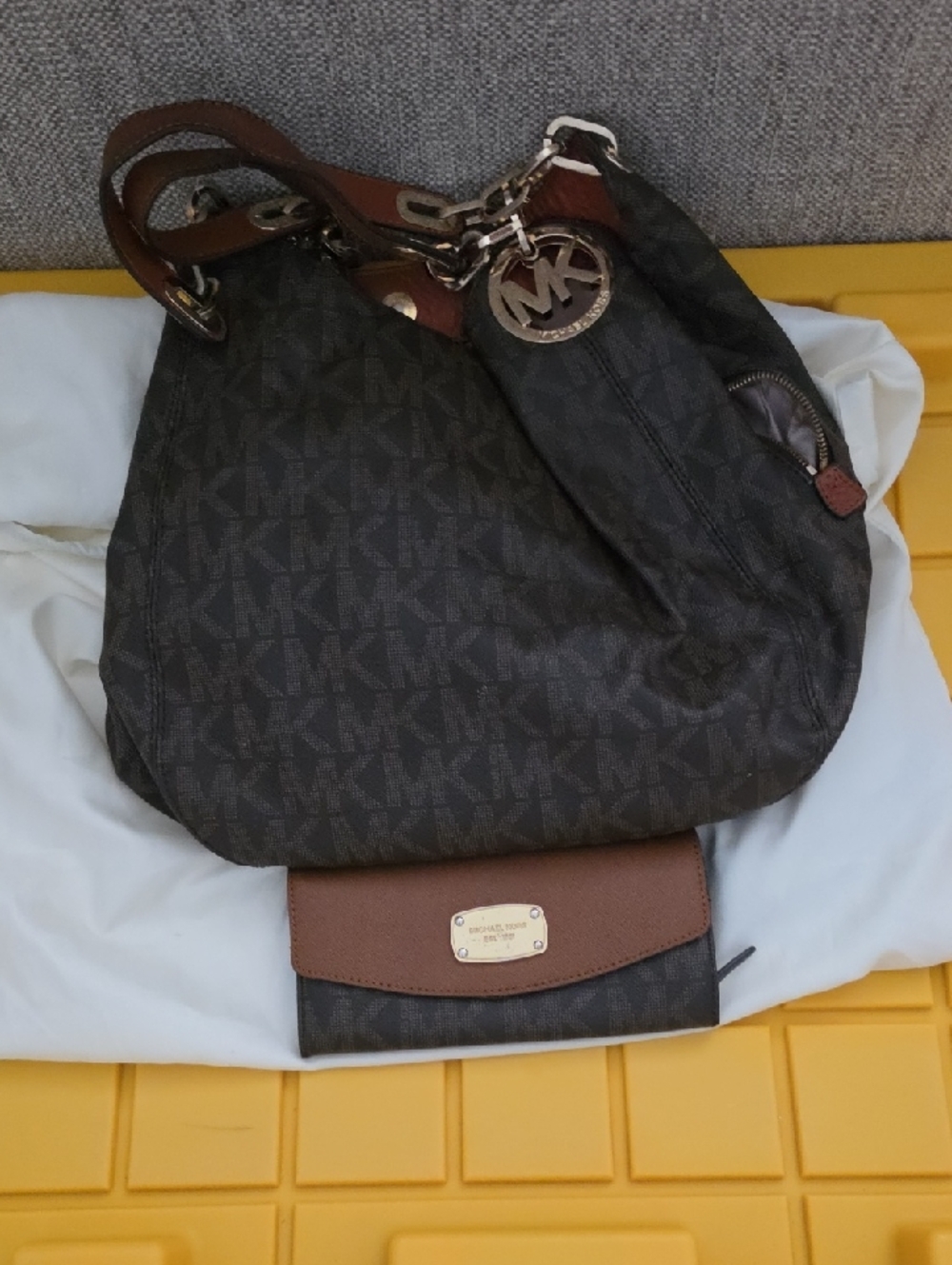 Michael Kors Brown Monogram Shoulder Tote with Brown Wallet